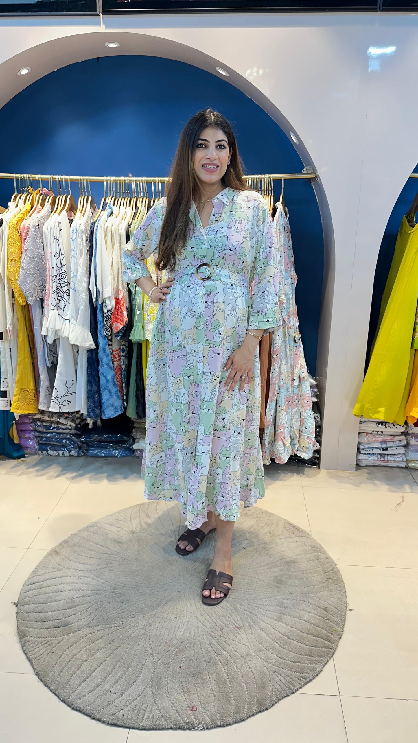 Cotton rayon cat printed dress with belt