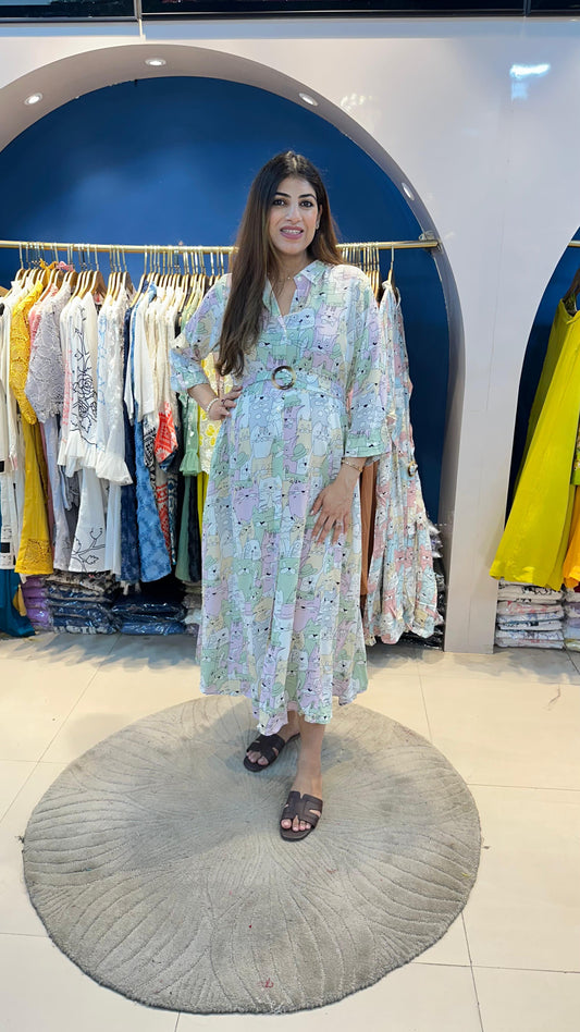 Cotton rayon cat printed dress with belt