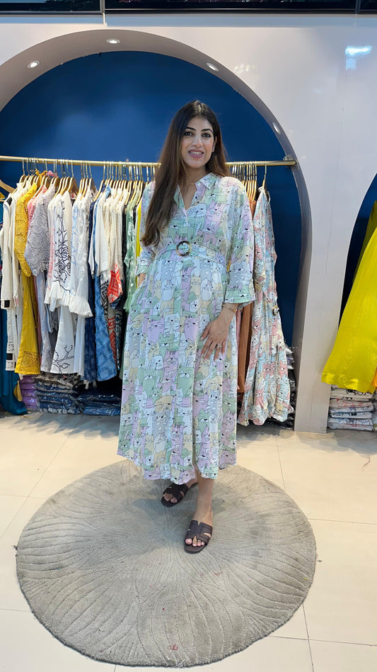 Cotton rayon cat printed dress with belt
