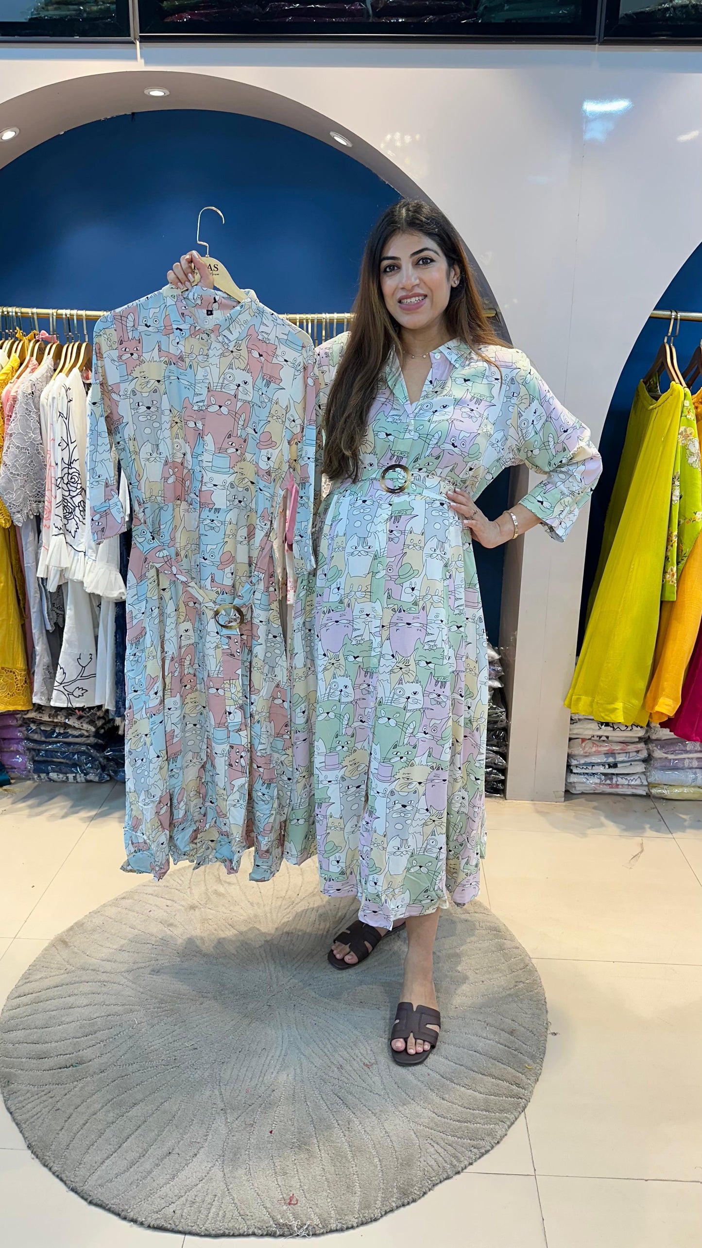 Cotton rayon cat printed dress with belt