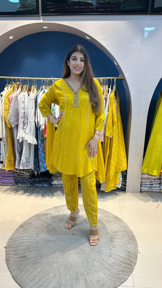 Mustard partywear A line mirror work shirt with pants with dupatta
