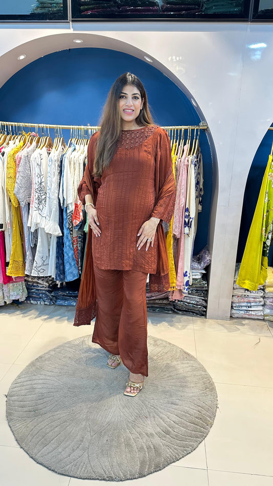 Crepe 3 pc crochet detailing suit with bell bottom pants