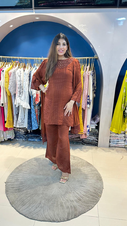 Crepe 3 pc crochet detailing suit with bell bottom pants