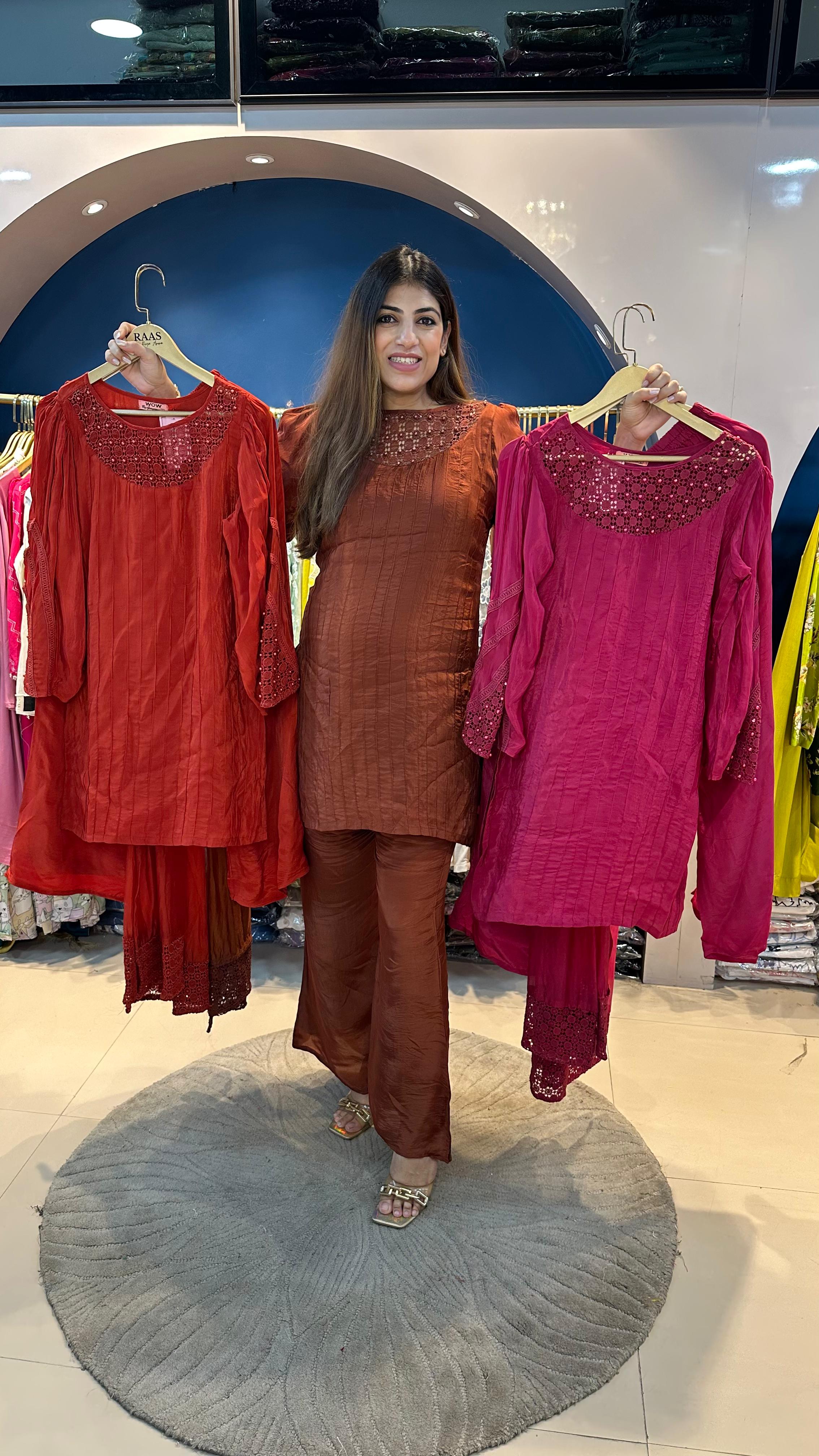 Crepe 3 pc crochet detailing suit with bell bottom pants