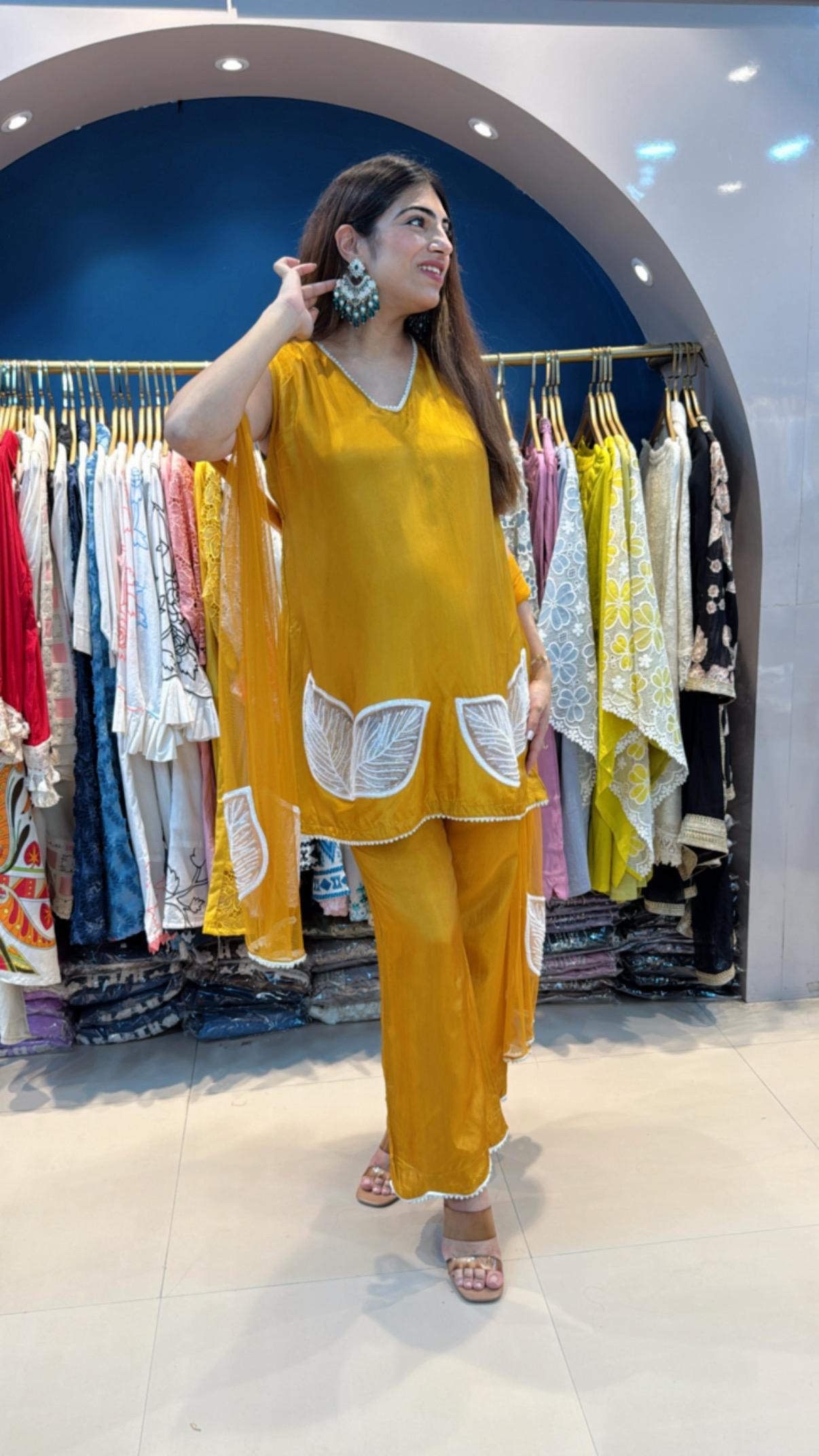 Muslin Party Wear 3pc Bell Bottlm Set with Lazer Cut Handwork and Net Duppatta