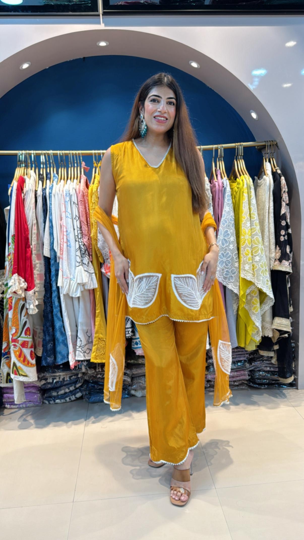 Muslin Party Wear 3pc Bell Bottlm Set with Lazer Cut Handwork and Net Duppatta