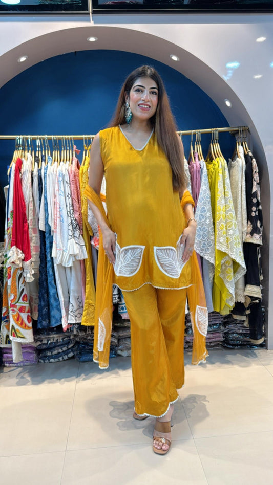 Muslin Party Wear 3pc Bell Bottlm Set with Lazer Cut Handwork and Net Duppatta