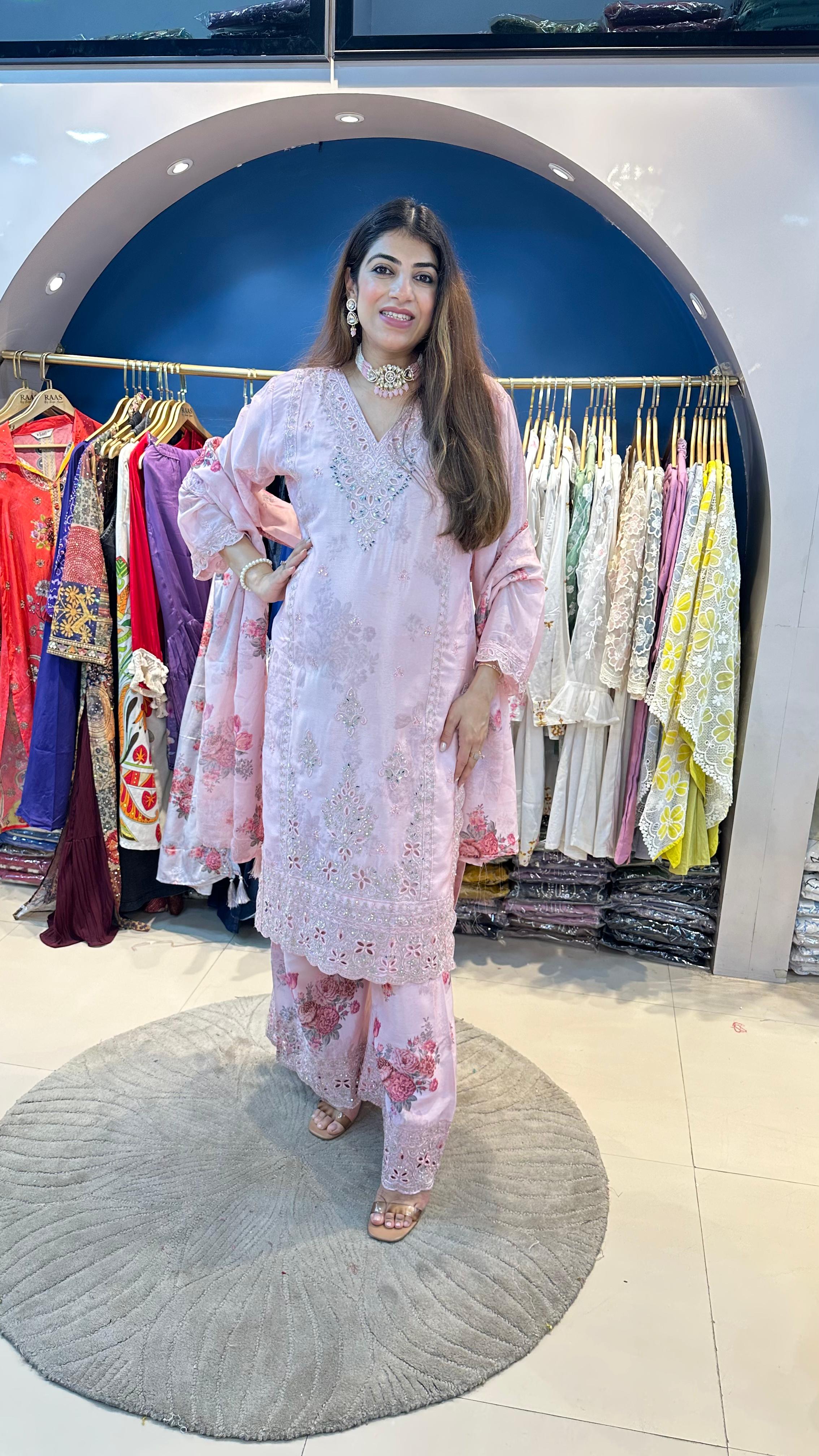Chinon 3pc Floral Suit with Machine Embroidery
