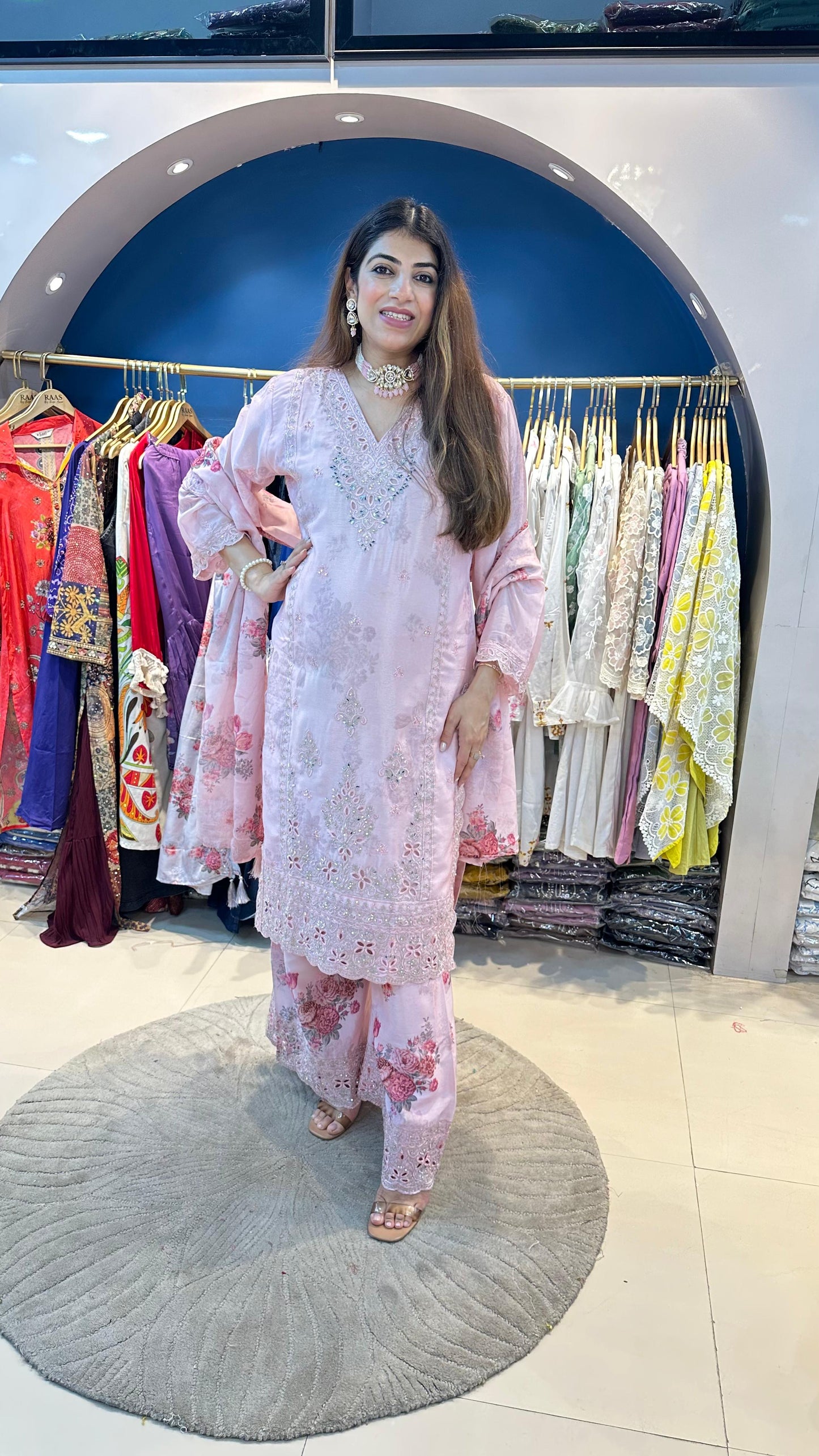 Chinon 3pc Floral Suit with Machine Embroidery