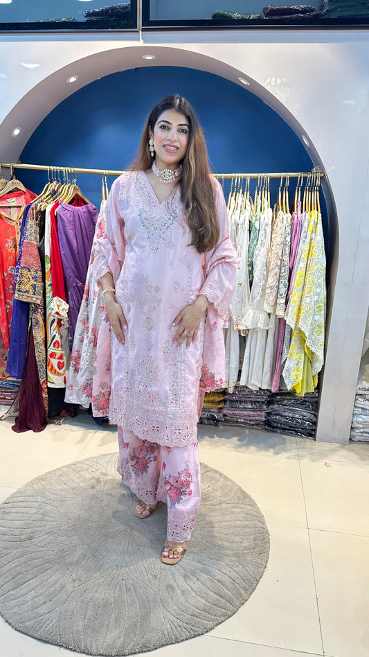 Chinon 3pc Floral Suit with Machine Embroidery