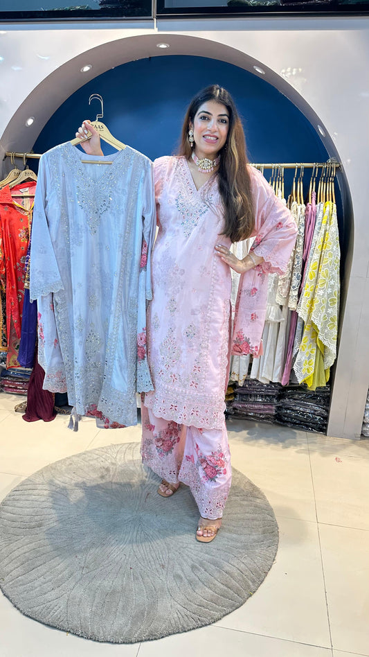 Chinon 3pc Floral Suit with Machine Embroidery