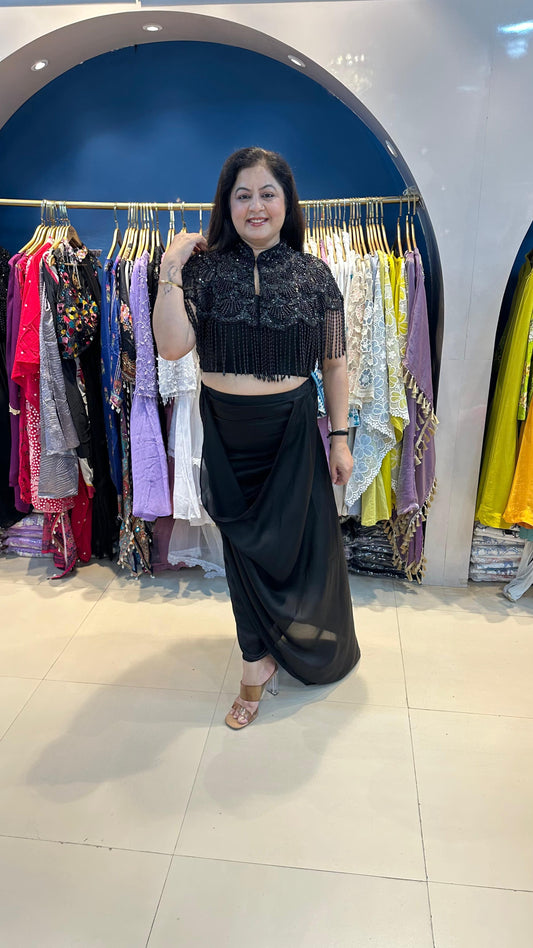 Drape Skirt with Blouse with Complete Handwork Cape