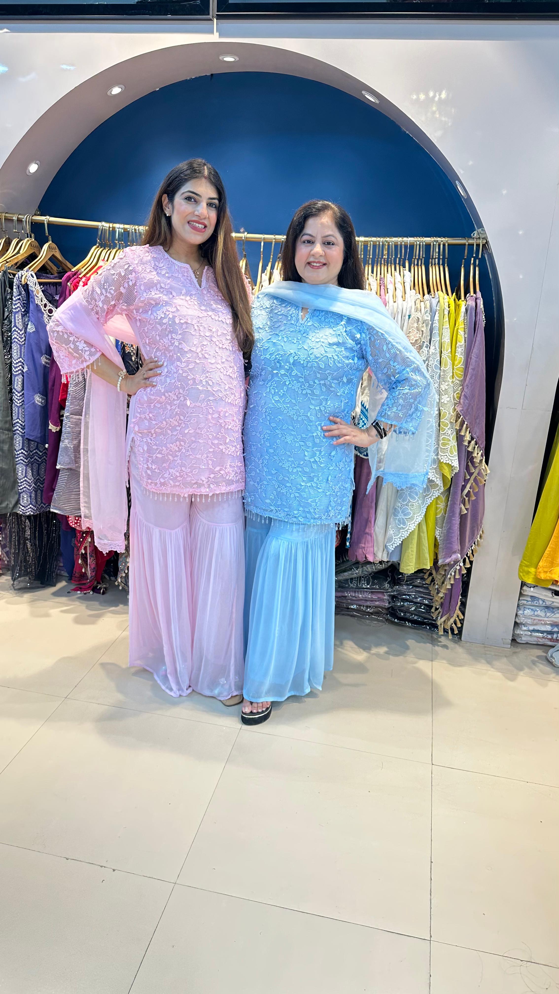 Jali Work Shirt with Viscose Georgette Sharara Paired with Organza Dupatta