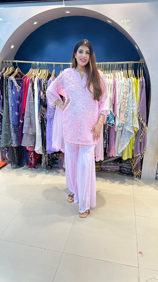 Jali Work Shirt with Viscose Georgette Sharara Paired with Organza Dupatta