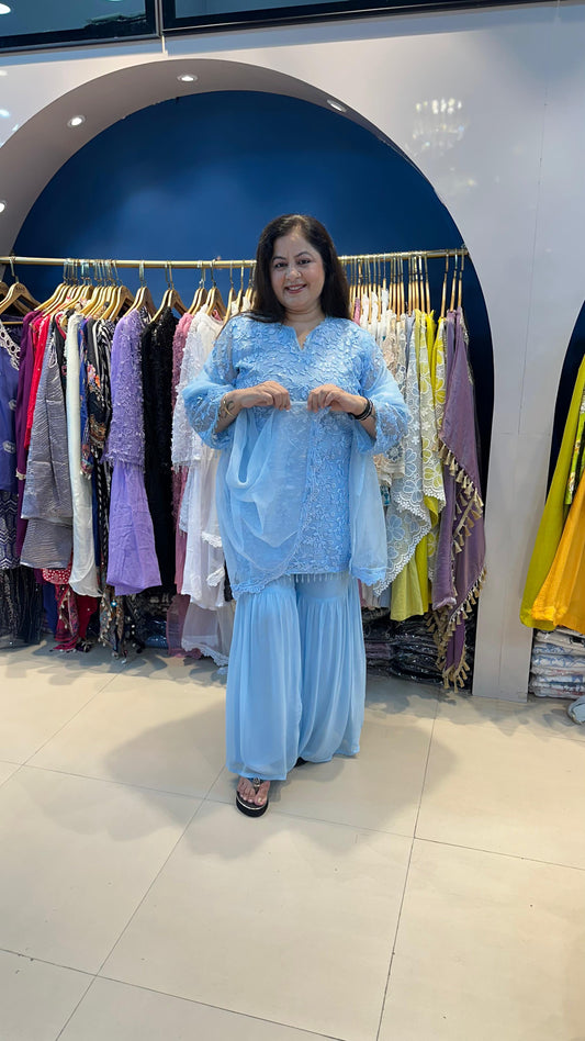 Jali Work Shirt with Viscose Georgette Sharara Paired with Organza Dupatta