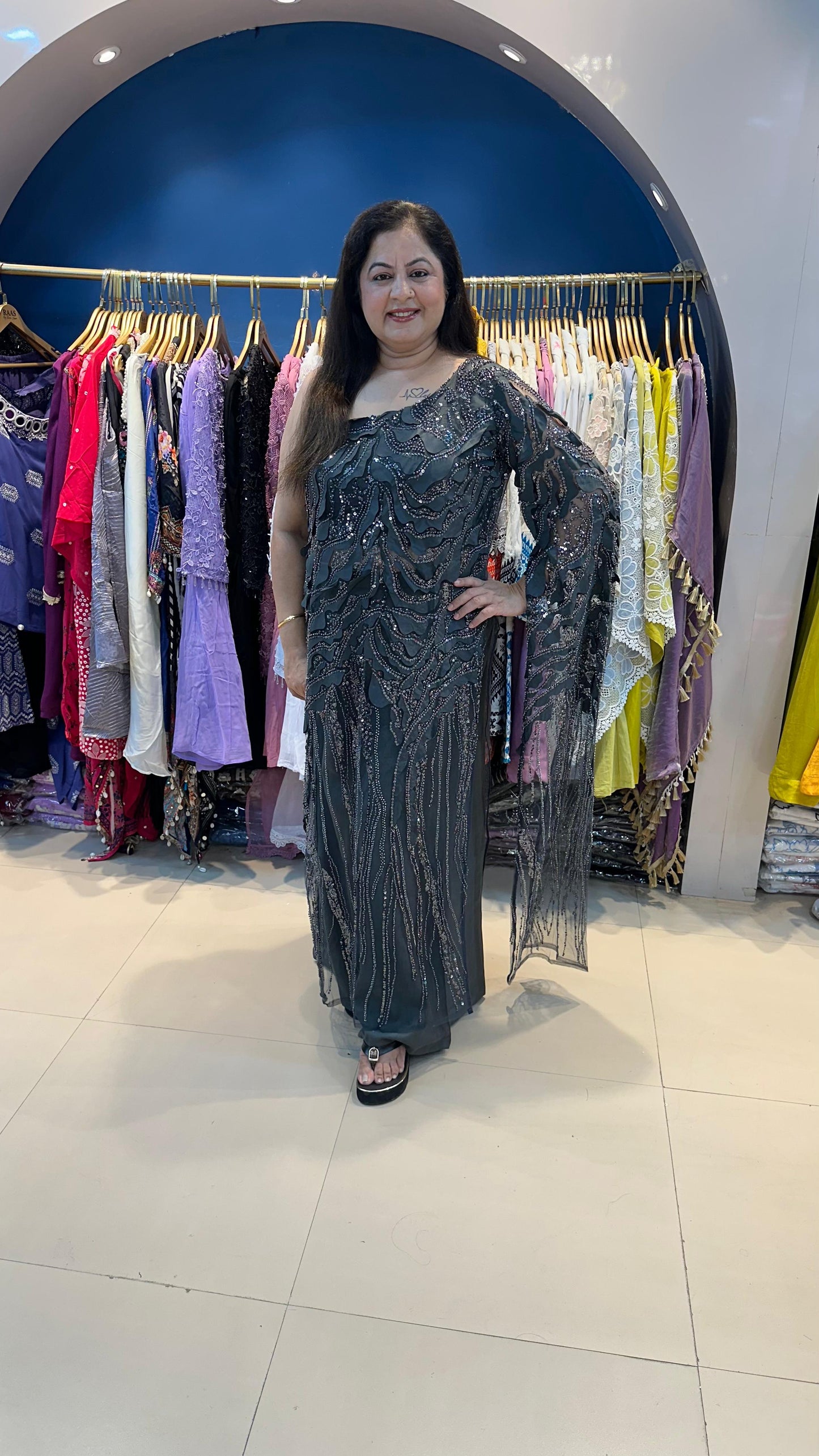 Handwork Net one Shoulder Indo-Western set with Sleeves Fabric