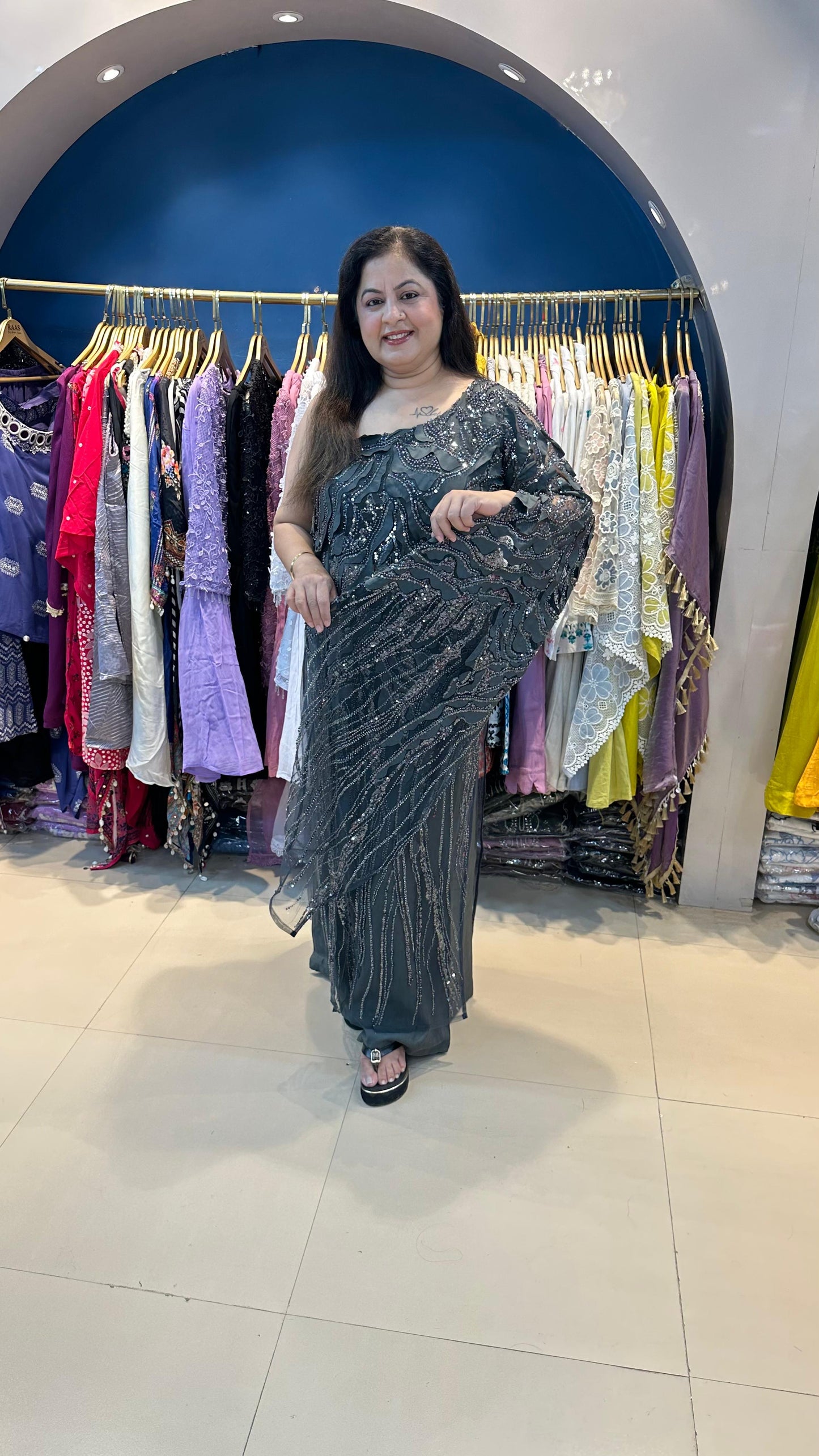 Handwork Net one Shoulder Indo-Western set with Sleeves Fabric
