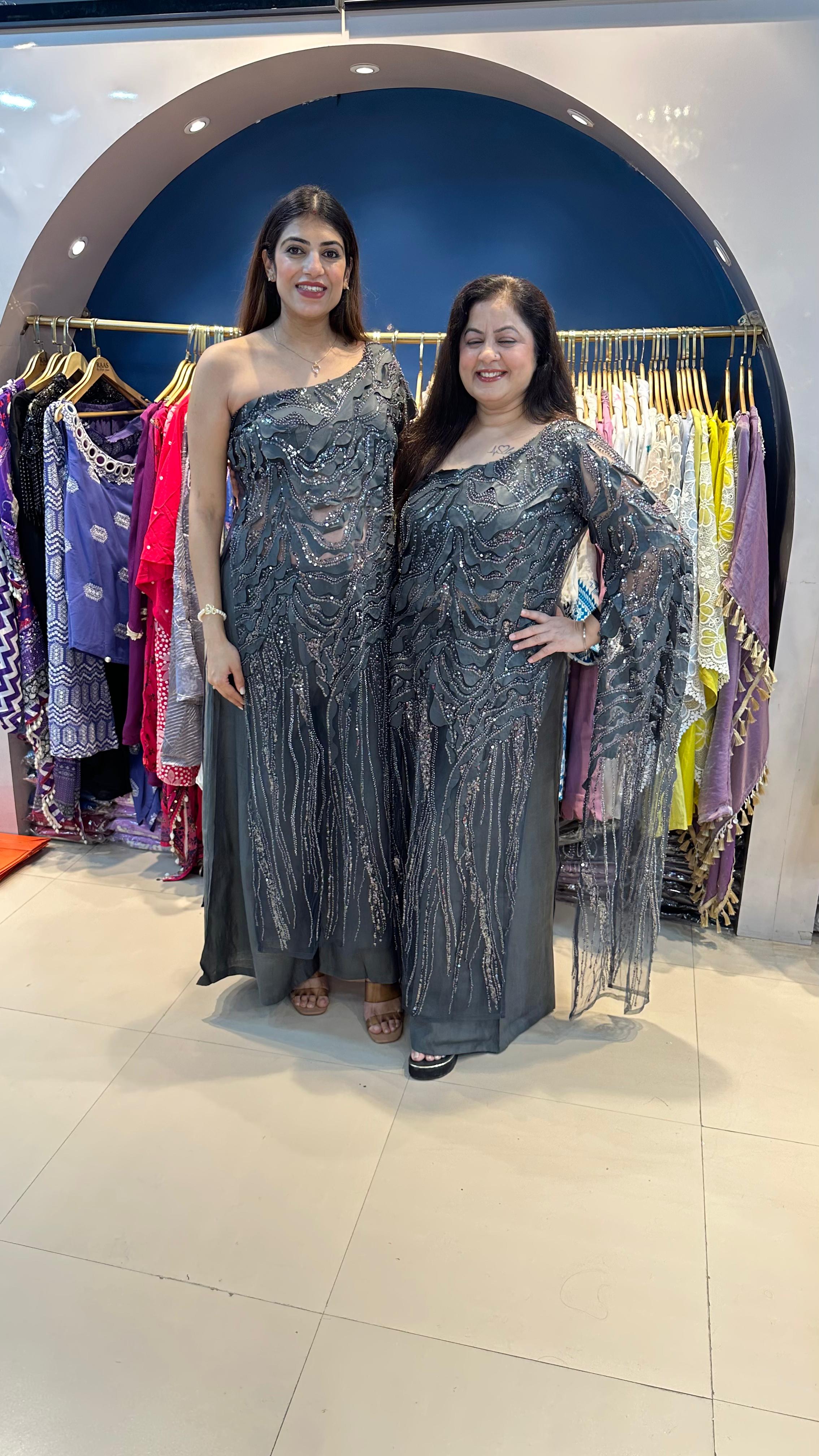 Handwork Net one Shoulder Indo-Western set with Sleeves Fabric