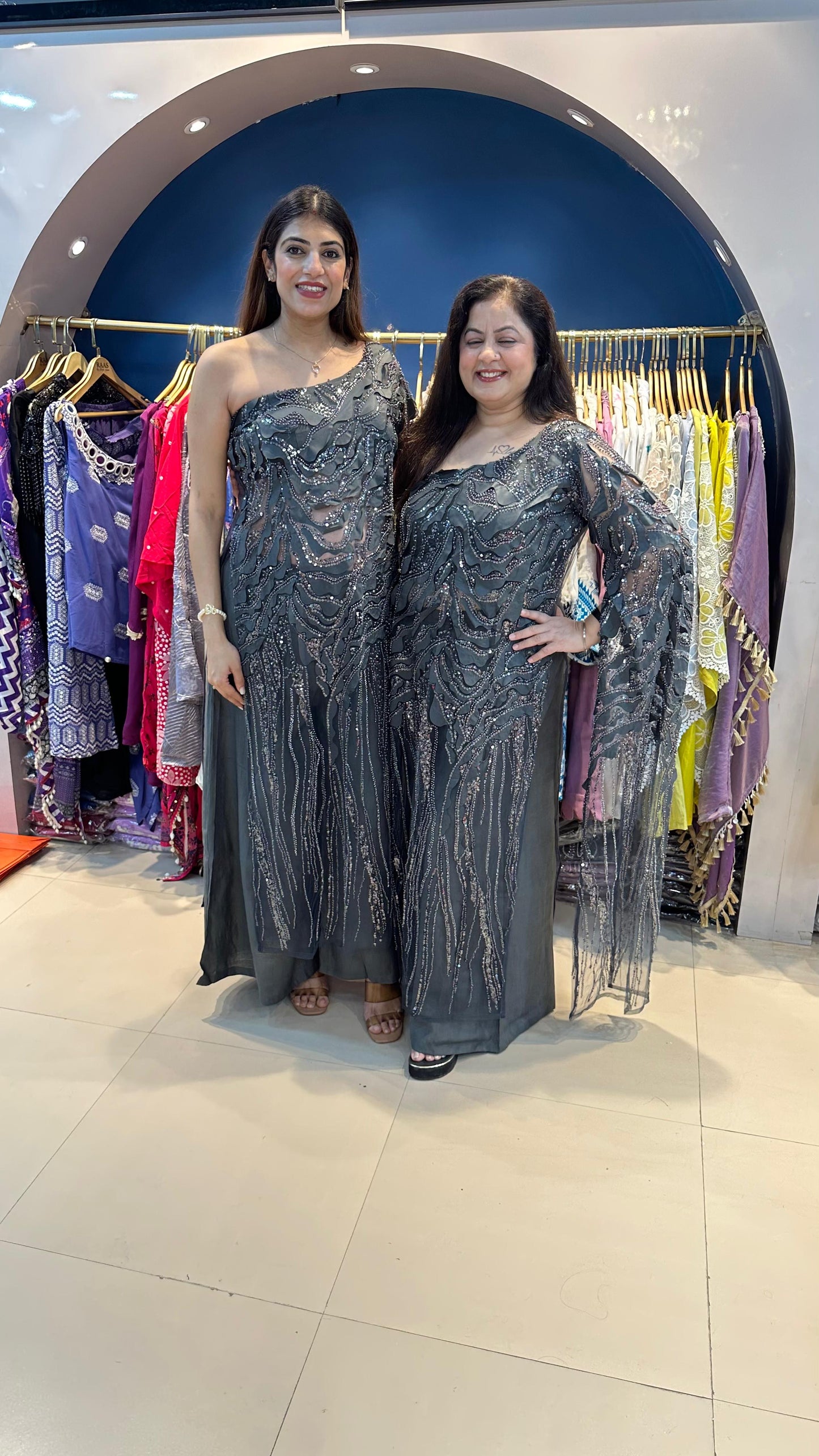 Handwork Net one Shoulder Indo-Western set with Sleeves Fabric