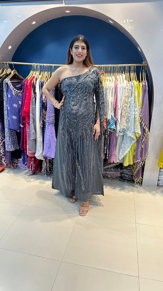 Handwork Net one Shoulder Indo-Western set with Sleeves Fabric