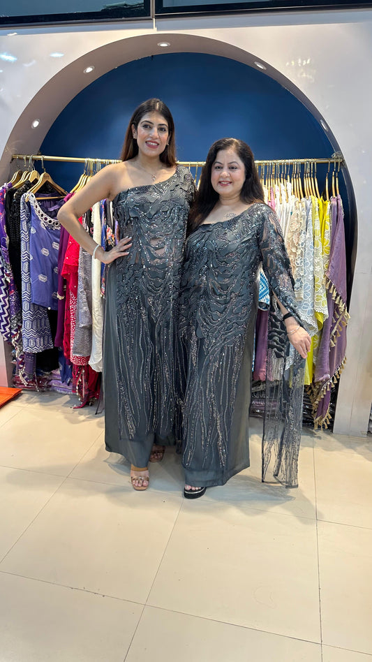 Handwork Net one Shoulder Indo-Western set with Sleeves Fabric