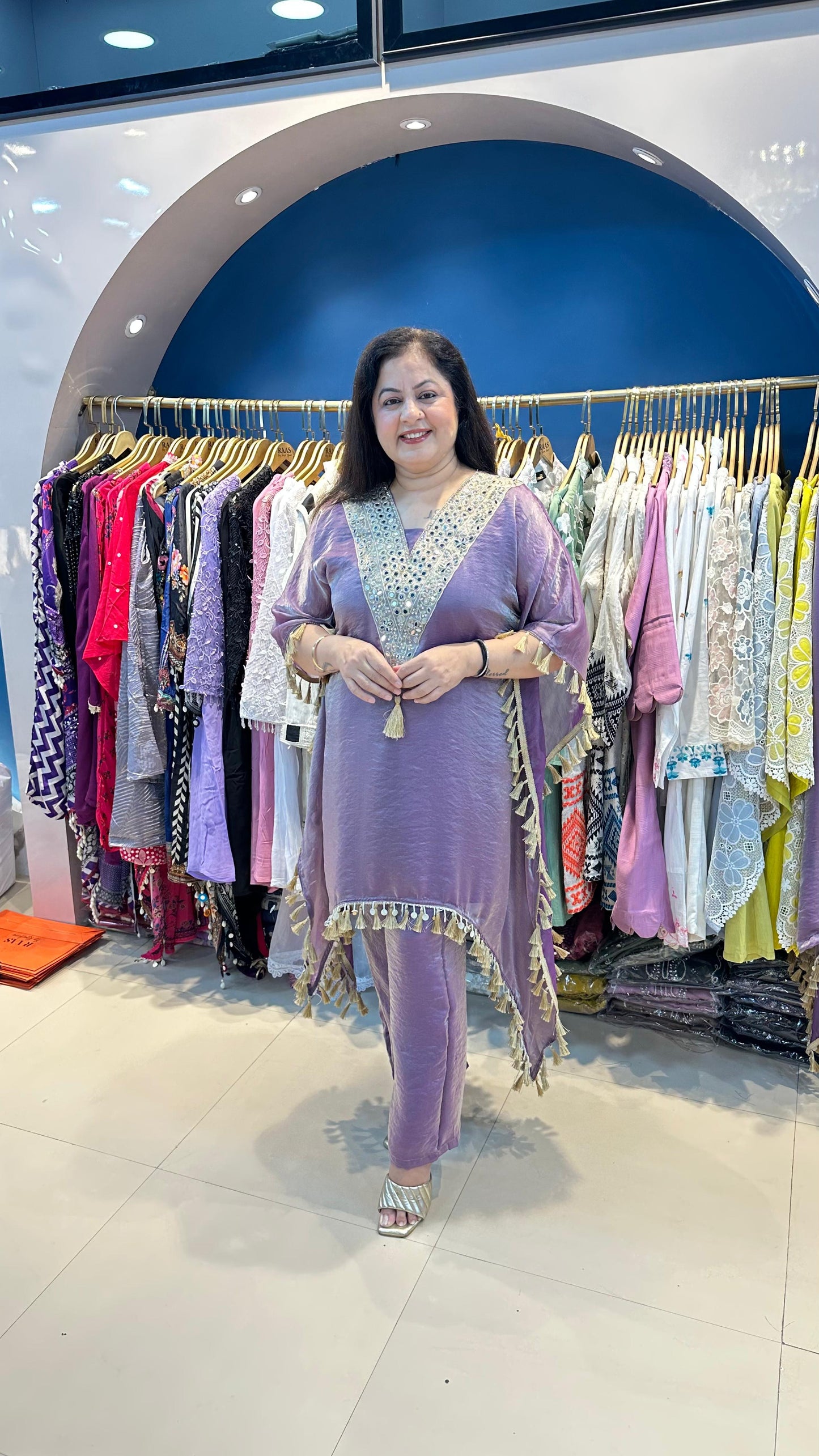 Shimmer Tissue Mirror Work Kaftan Set