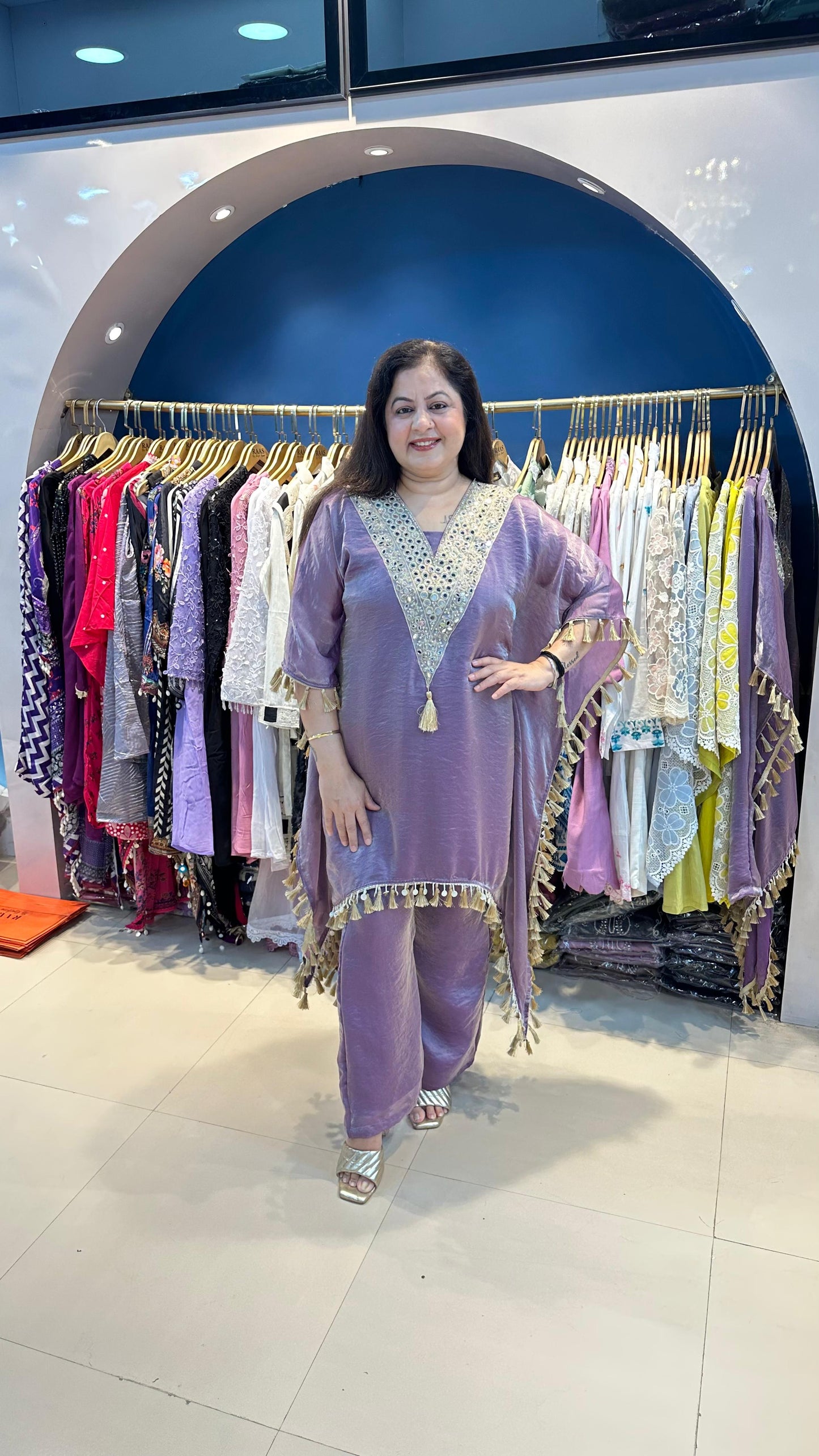 Shimmer Tissue Mirror Work Kaftan Set