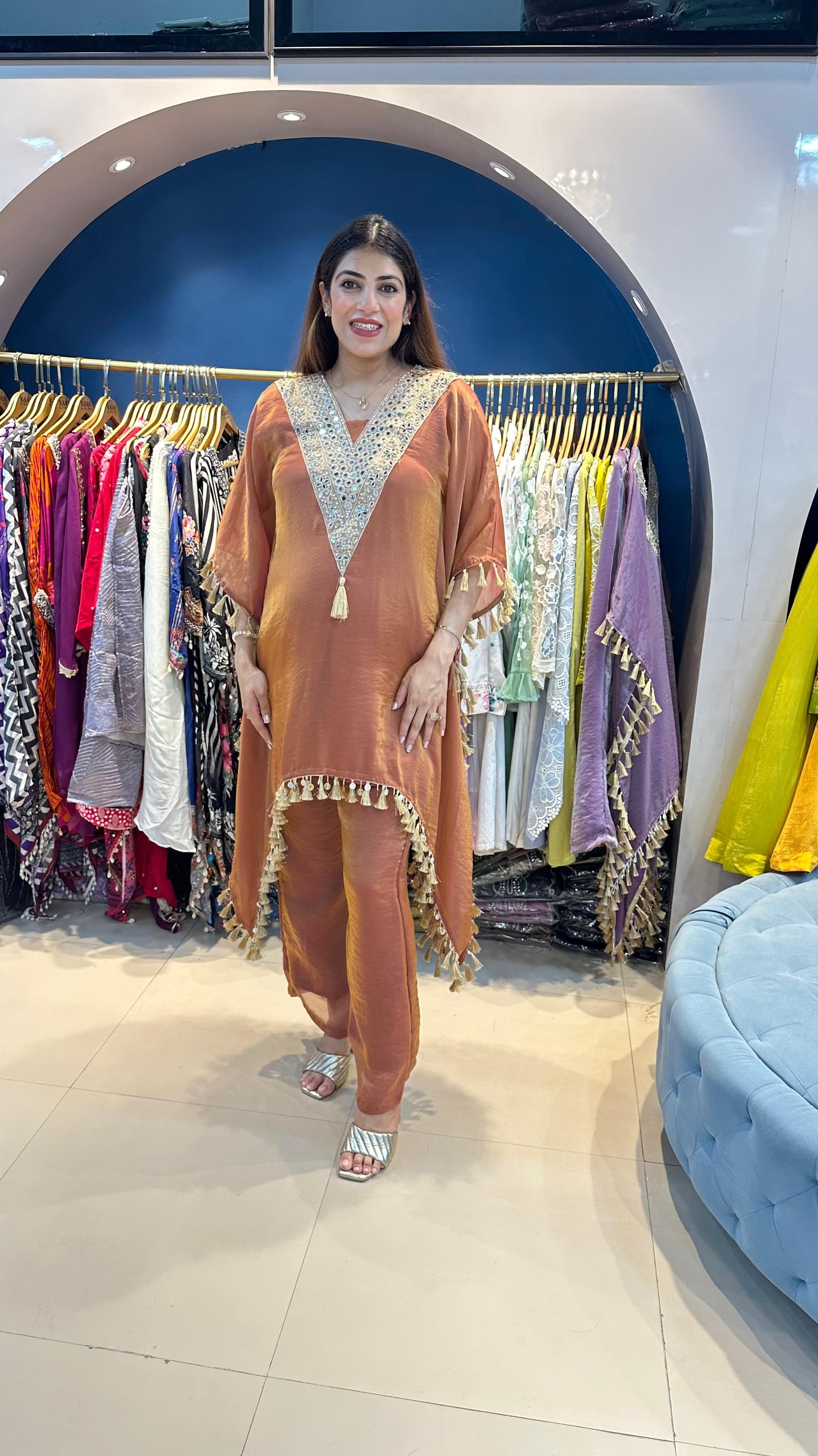 Shimmer Tissue Mirror Work Kaftan Set