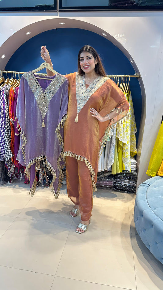 Shimmer Tissue Mirror Work Kaftan Set