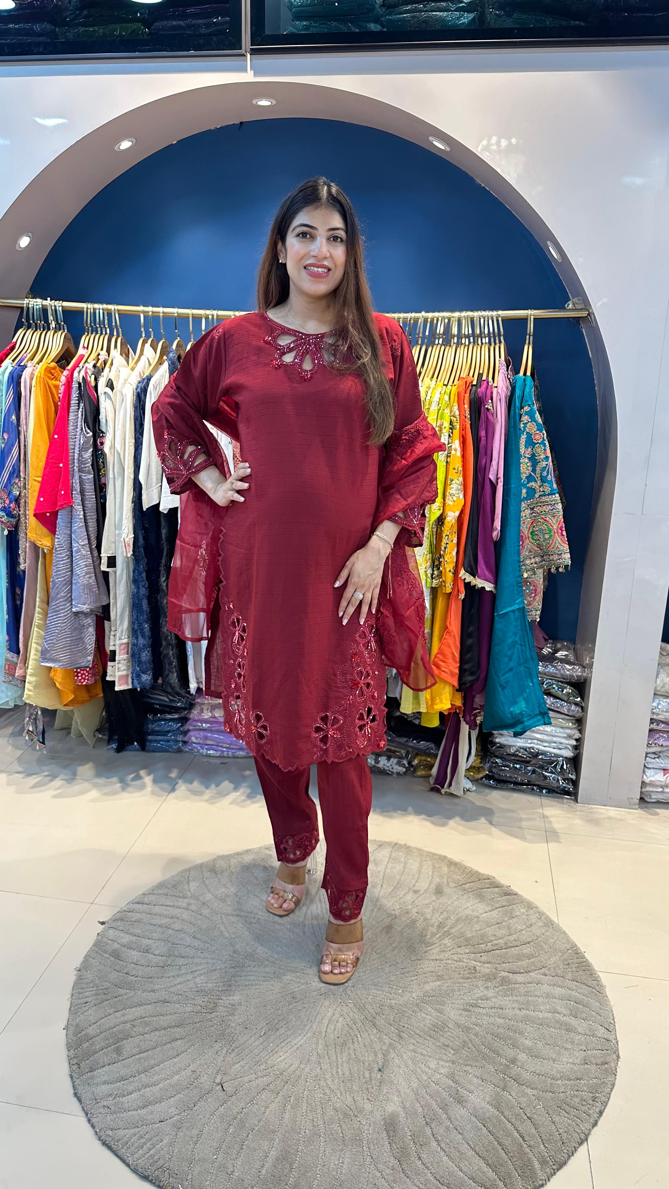 Cotton Muslin 3pc Suit with Cutwork Embroidery with Organza Dupatta