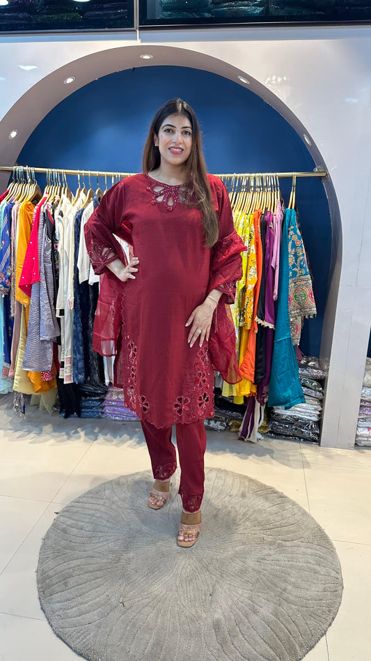Cotton Muslin 3pc Suit with Cutwork Embroidery with Organza Dupatta