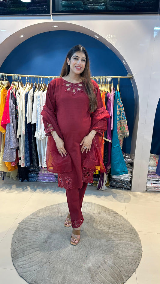 Cotton Muslin 3pc Suit with Cutwork Embroidery with Organza Dupatta