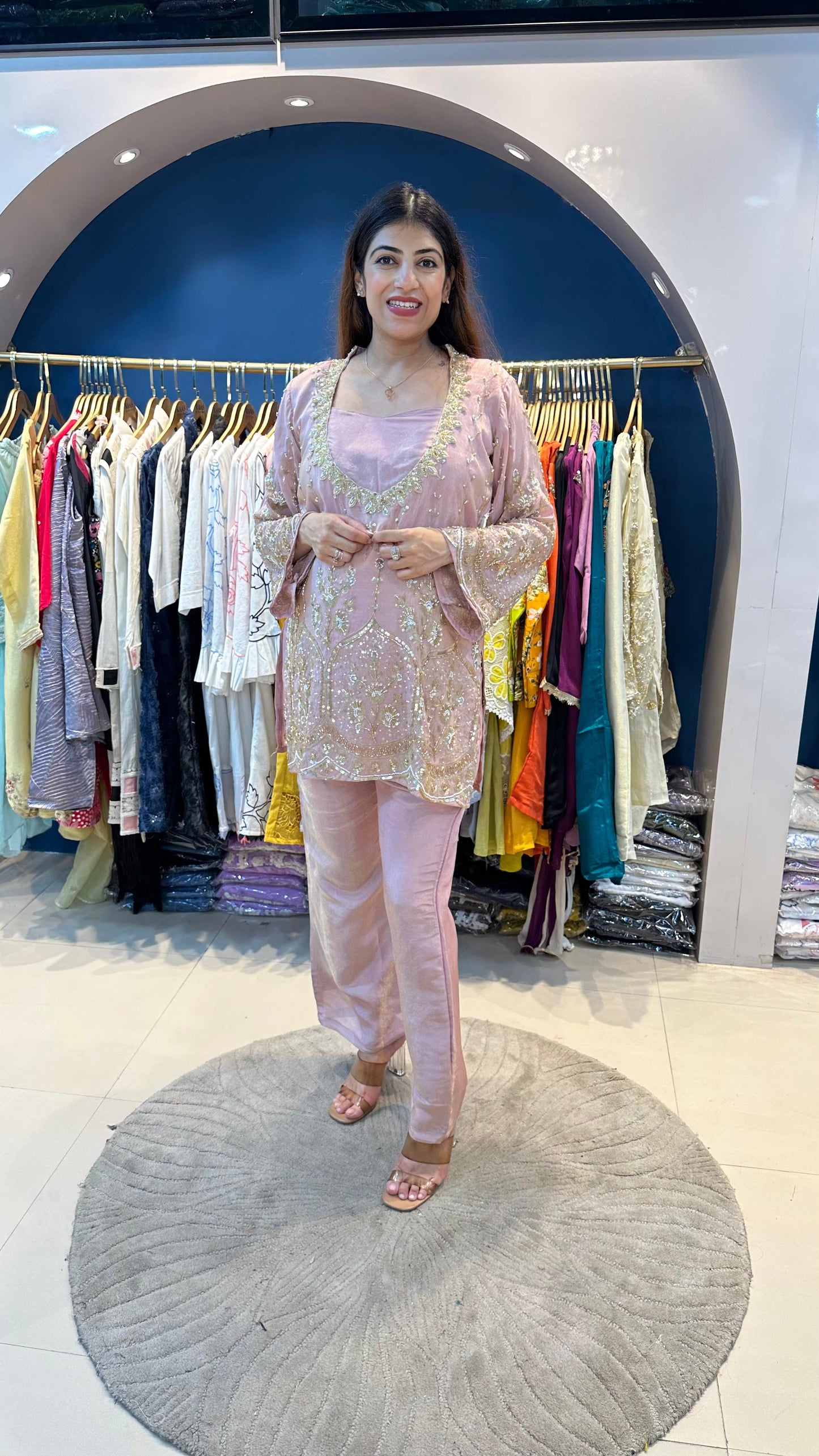 Shimmer Tissue Party Wear 2pc set with Complete Handwork on Shirt & Sleeves Paired with Bell Bottom Pants