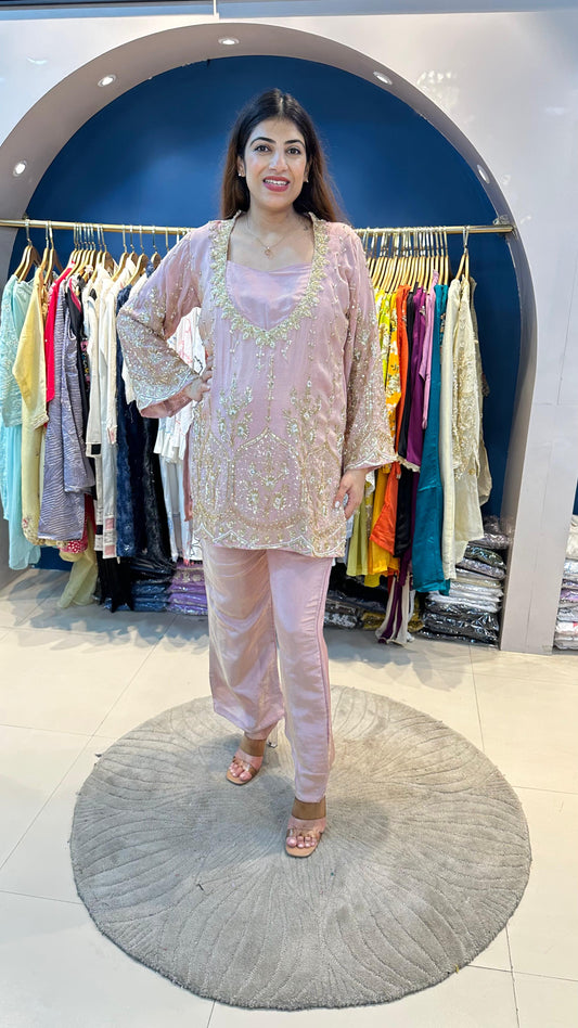 Shimmer Tissue Party Wear 2pc set with Complete Handwork on Shirt & Sleeves Paired with Bell Bottom Pants