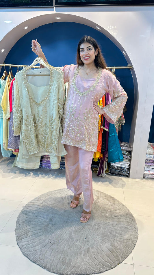 Shimmer Tissue Party Wear 2pc set with Complete Handwork on Shirt & Sleeves Paired with Bell Bottom Pants