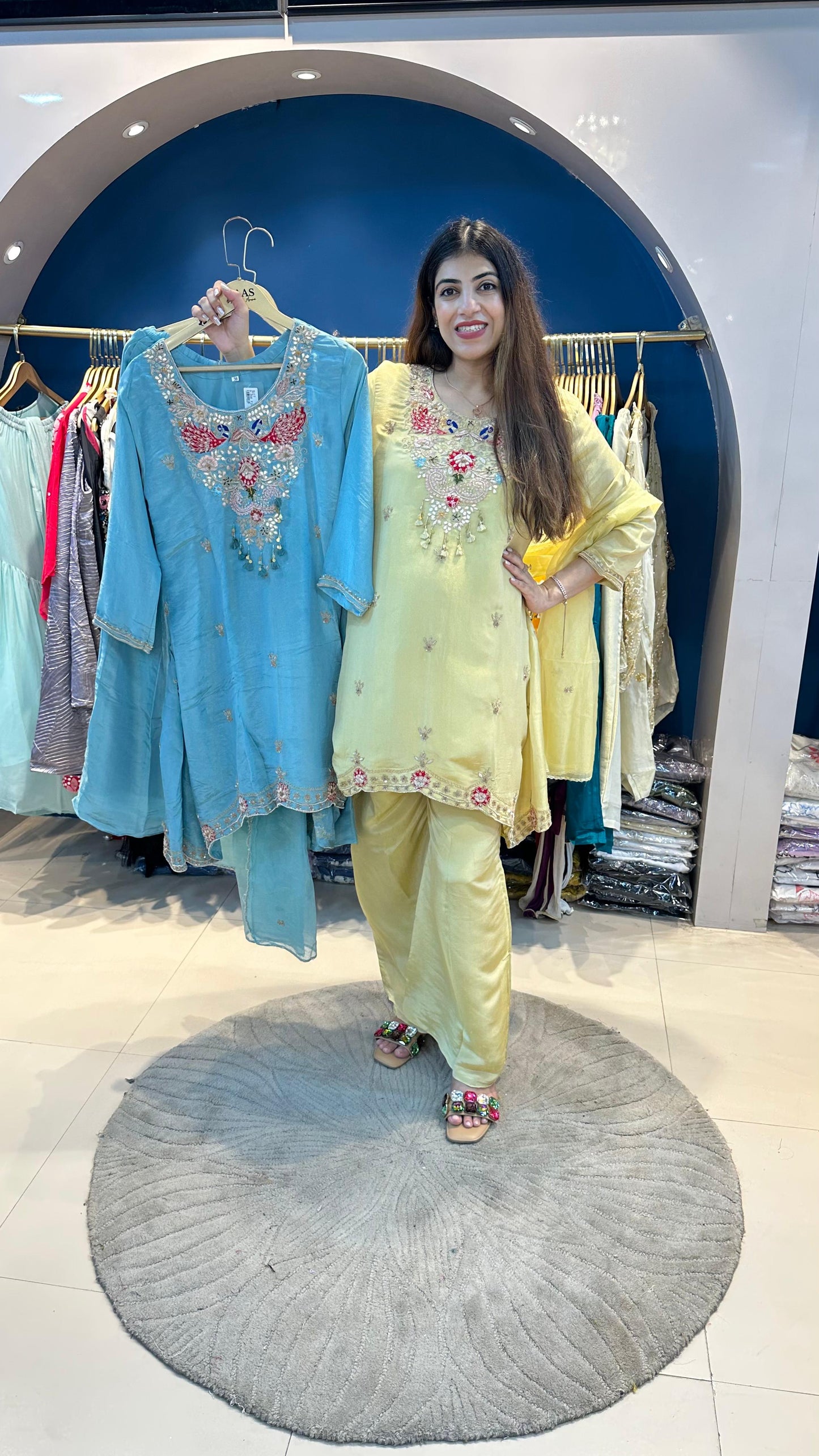 Shimmer Tissue 3pc Zardosi work Suit with A Line Shirt