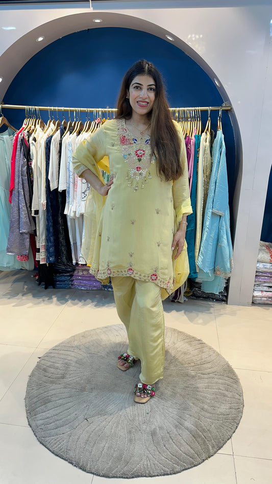 Shimmer Tissue 3pc Zardosi work Suit with A Line Shirt