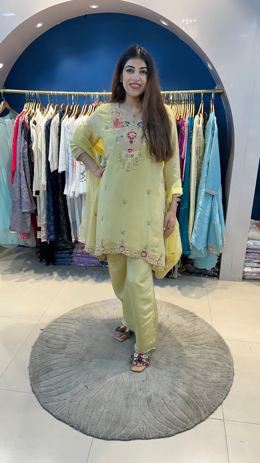Shimmer Tissue 3pc Zardosi work Suit with A Line Shirt