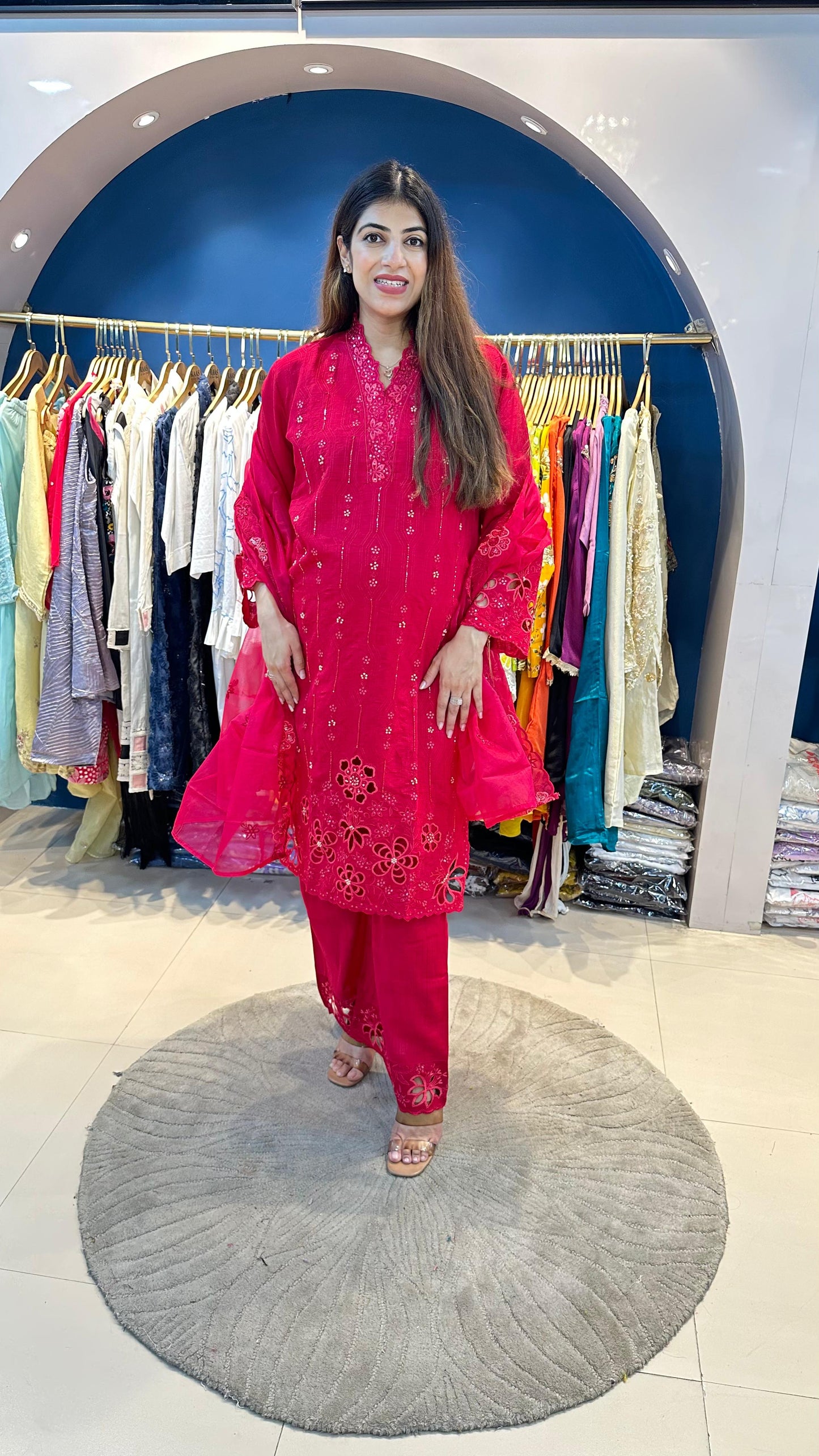 Cotton Muslin 3pc Suit with Cutwork Embroidery with Organza Dupatta