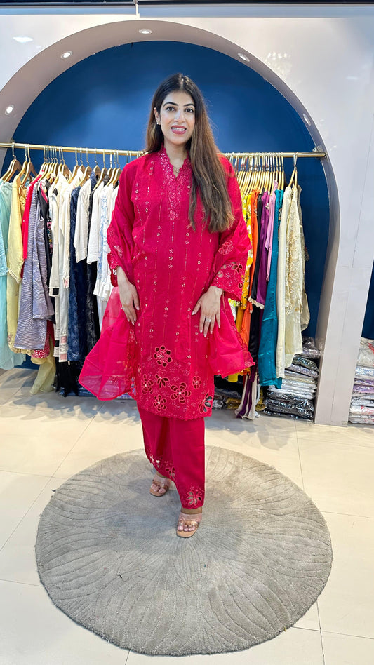 Cotton Muslin 3pc Suit with Cutwork Embroidery with Organza Dupatta