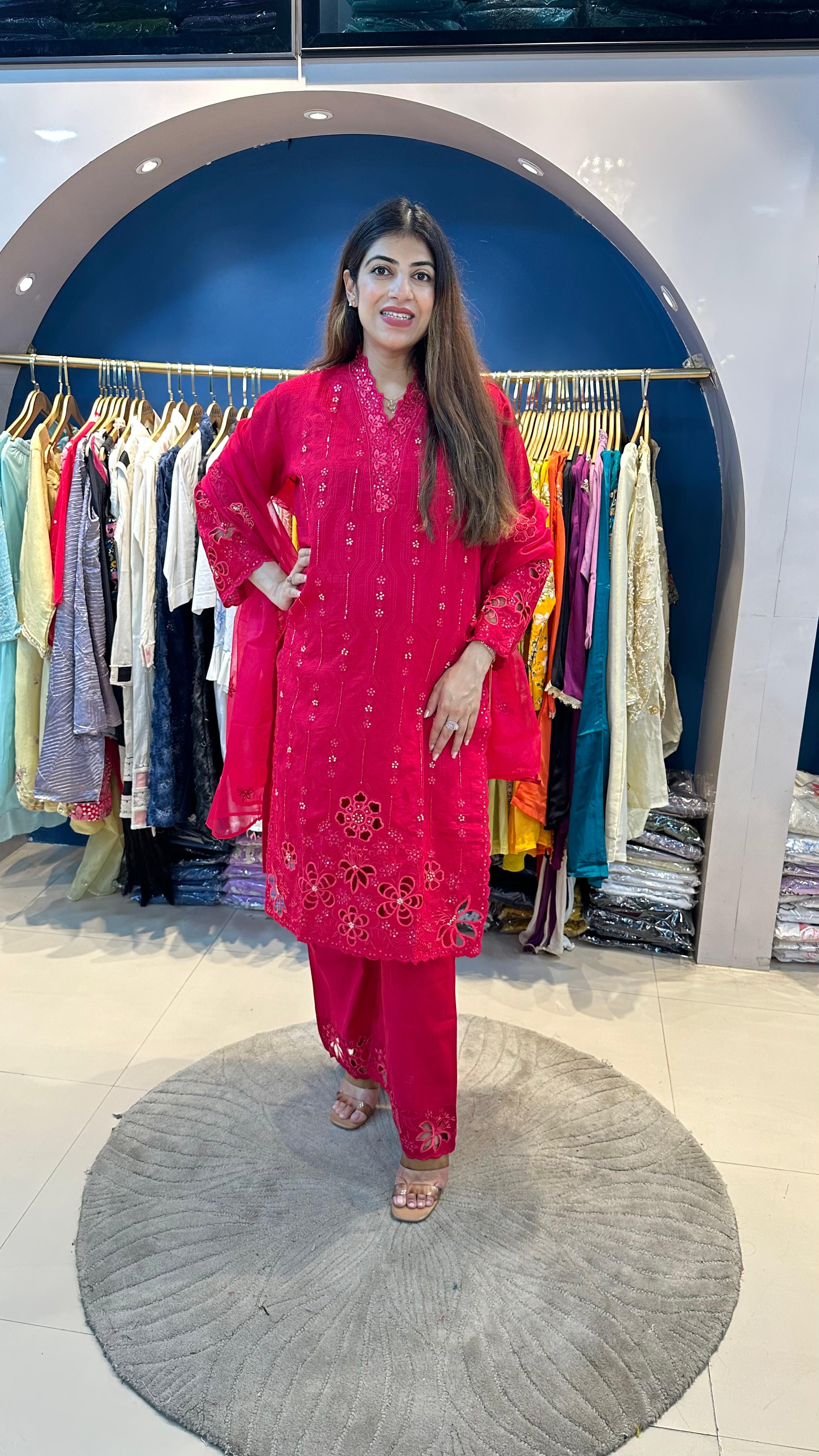 Cotton Muslin 3pc Suit with Cutwork Embroidery with Organza Dupatta