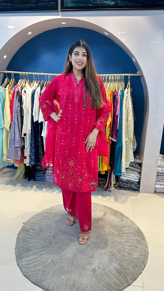 Cotton Muslin 3pc Suit with Cutwork Embroidery with Organza Dupatta