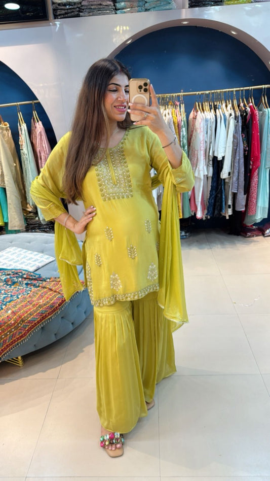 Pure chinon 3 pc sharara suit with handwork