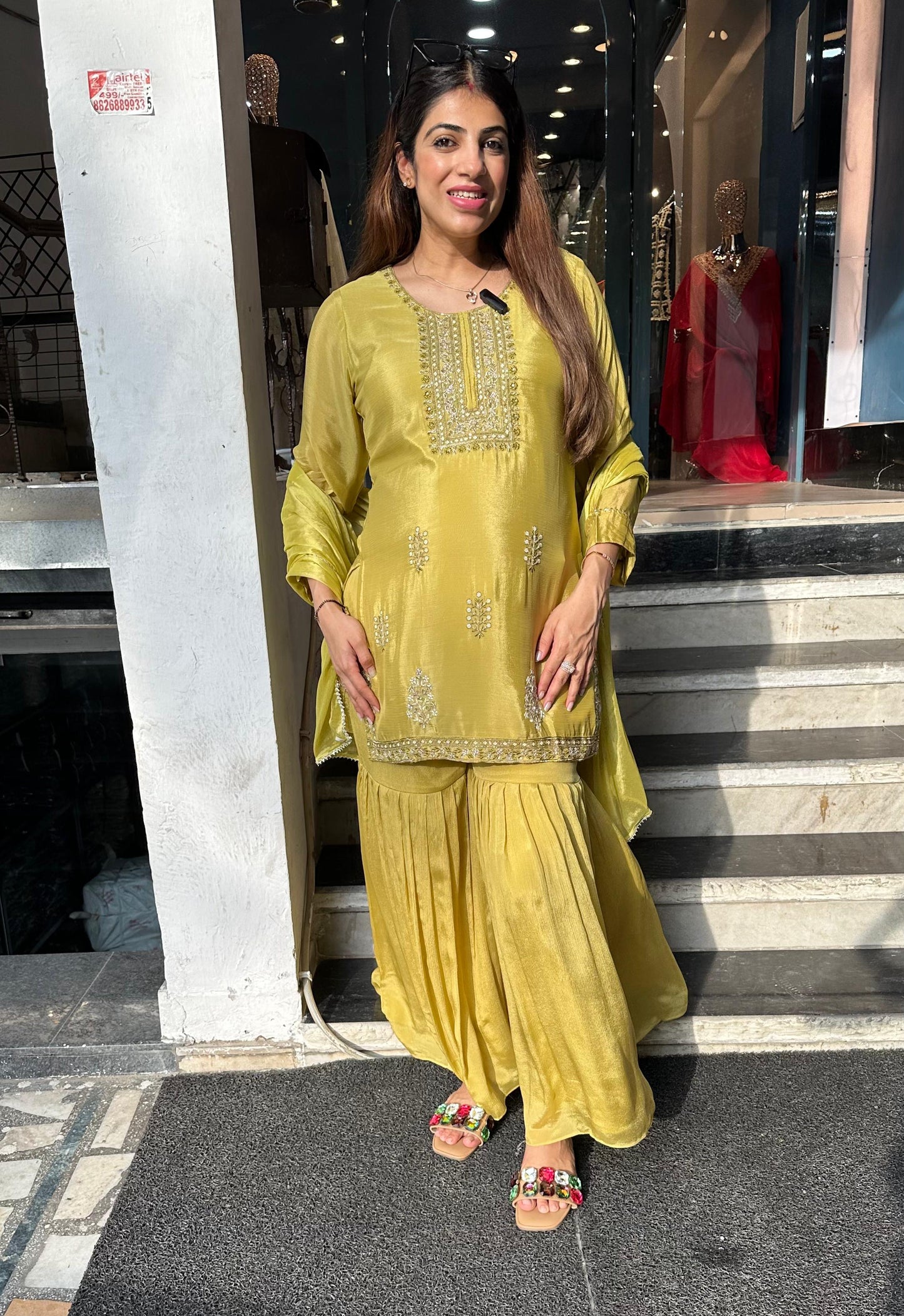 Pure chinon 3 pc sharara suit with handwork