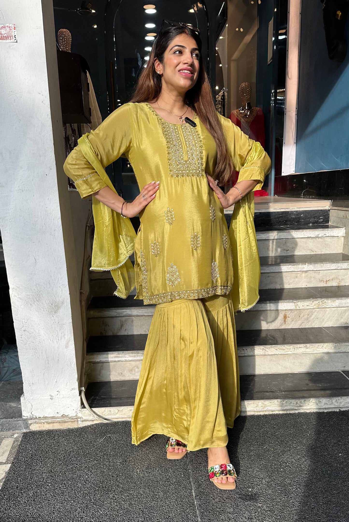 Pure chinon 3 pc sharara suit with handwork