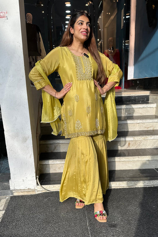 Pure chinon 3 pc sharara suit with handwork