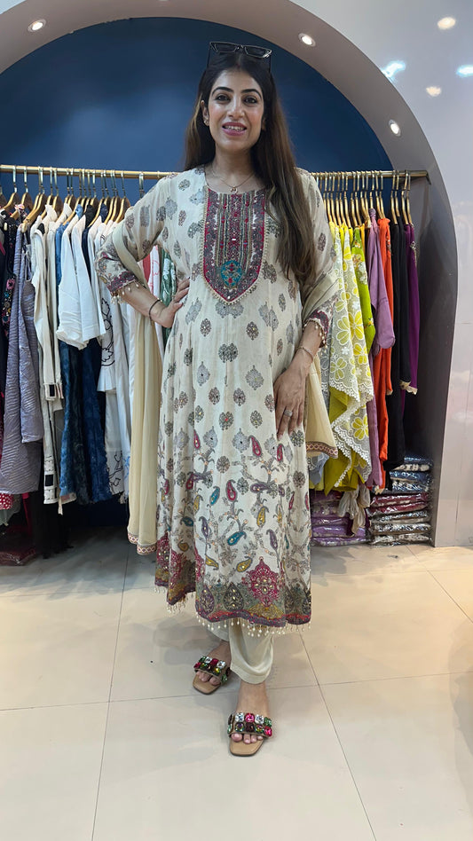 Digital crepe anarkali with mirror highlight 3 pc suit