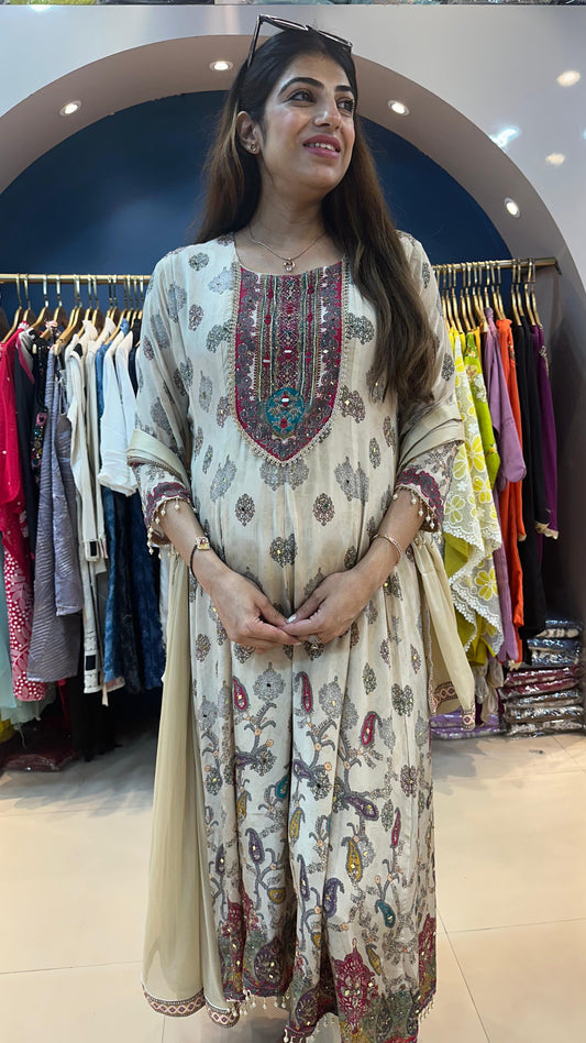 Digital crepe anarkali with mirror highlight 3 pc suit