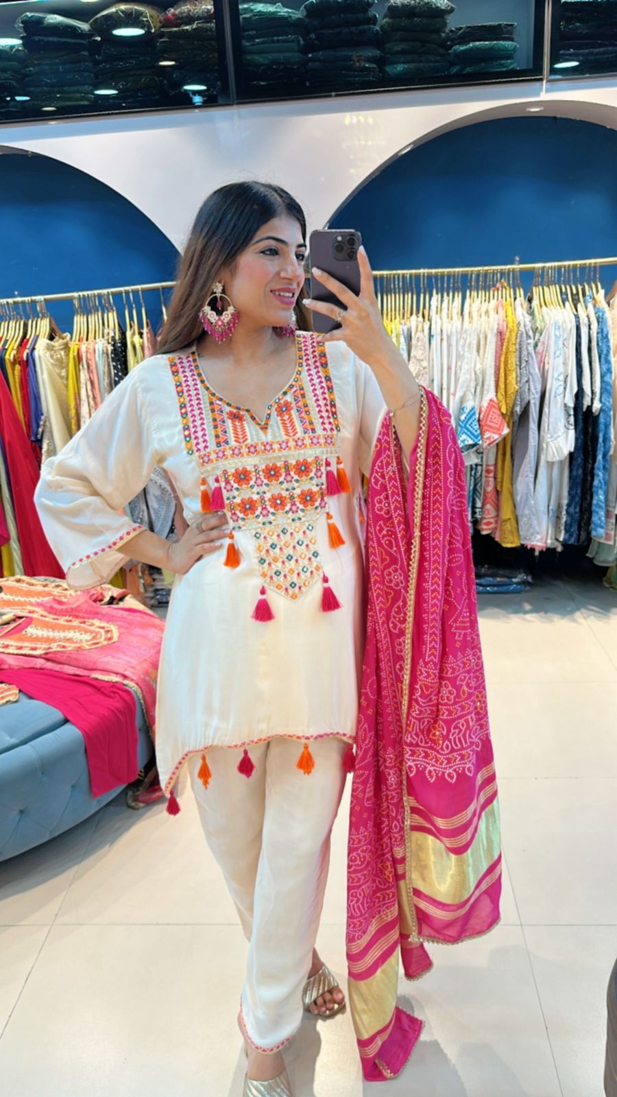 Partywear 3 pc set with embroidery with tassels with bandhej dupatta