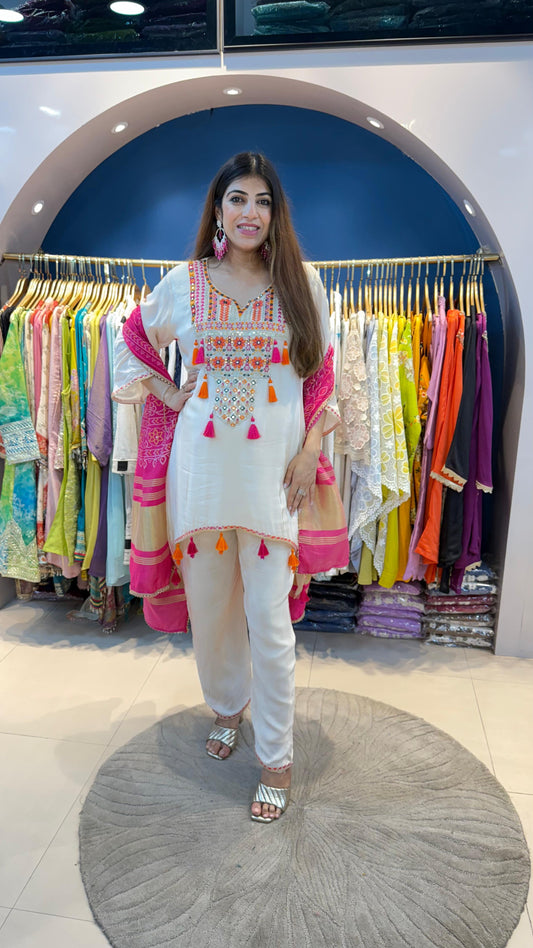 Partywear 3 pc set with embroidery with tassels with bandhej dupatta